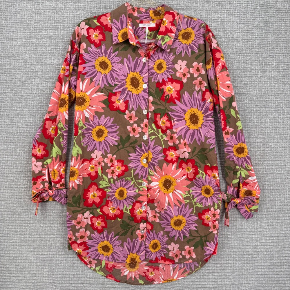 Stitchdrop Floral Button Down‎ Shirt Women Sz S Brown Pink Cotton Fairy Boho